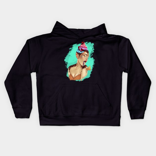 Melting for you, ice cream, girl, Summer time, summer vibes, original art, digital, artist, sprinkles, chocolate, cone, rainbow, unicorn, pastel, cherries, mint, sugar Kids Hoodie by KAM KOLE